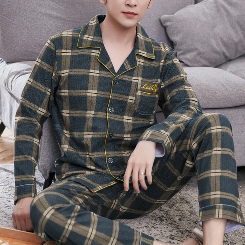 Men Sleepwear Striped Cotton Pajama Sets for Men Short Sleeve Long Pants Sleepwear Pyjama Male Homewear Lounge Wear Clothes