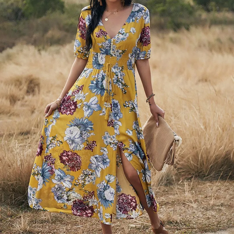 

Women New Summer Sexy Printed A-line Dress 2022 Office Lady Temperamental V-nevk Long Dresses Split Slim Evening Dress Vestidos