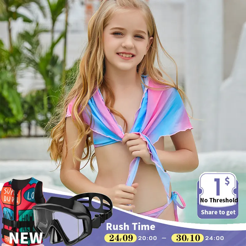 

Langqi 2022 is exclusively for girls' swimwear Rainbow printing split gradient color three piece children's swimsuit women