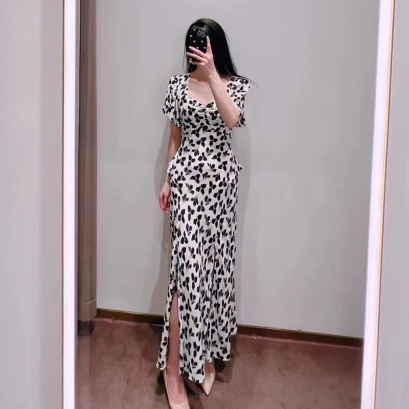 

Women's Sweetheart Neck Long Dress Floral Print Sexy Slim Fitting Short Sleeve Summer 2023