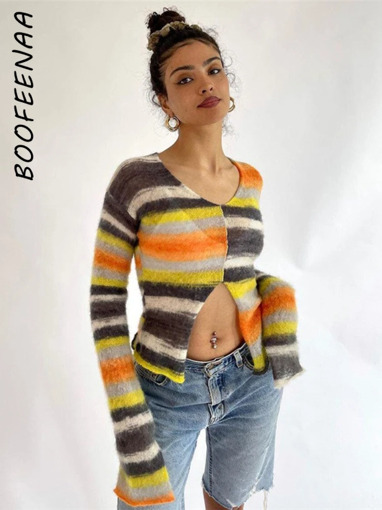 

BOOFEENAA Y2k Striped Sweaters V Neck Split Long Sleeve Knitted Vintage Tops Autumn Winter Clothes Women 2022 C87-DE15