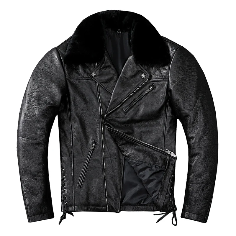

Мужское мотоциклетное пальто из натуральной кожи, куртка из воловьей кожи с Диагональной молнией и меховым воротником из ягненка