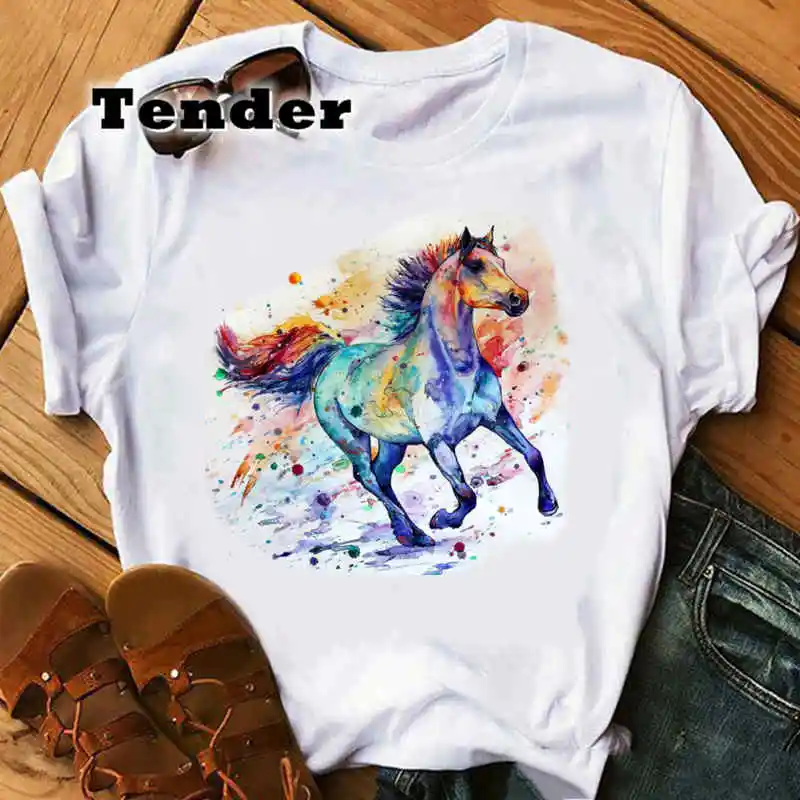 2022 Fashion Watercolor Horse Tshirts White Top Shirt Summer Aesthetics Graphic Short Sleeve Grunge T Shirts Female Streetwear