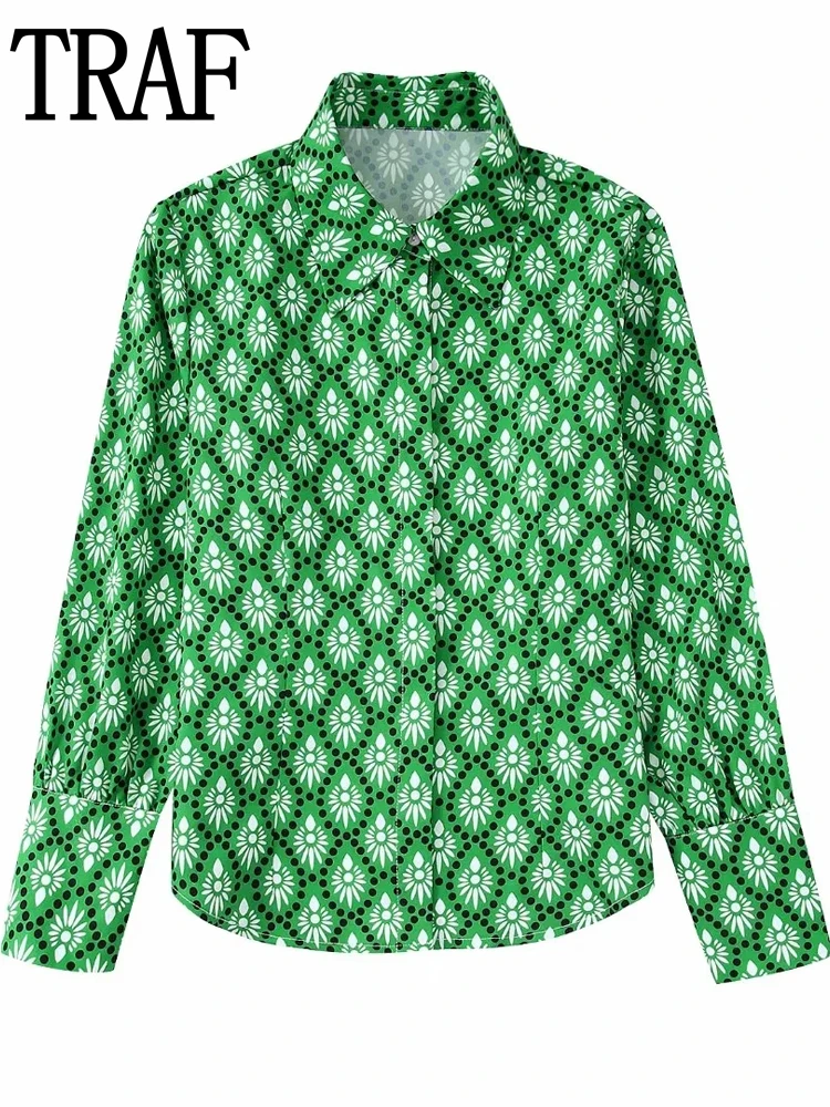 

TRAF Print Blouses Set Woman 2022 Casual Collared Green Shirt Vintage Autumn Long Sleeve Blouse Women Fashion Button Up Shirt