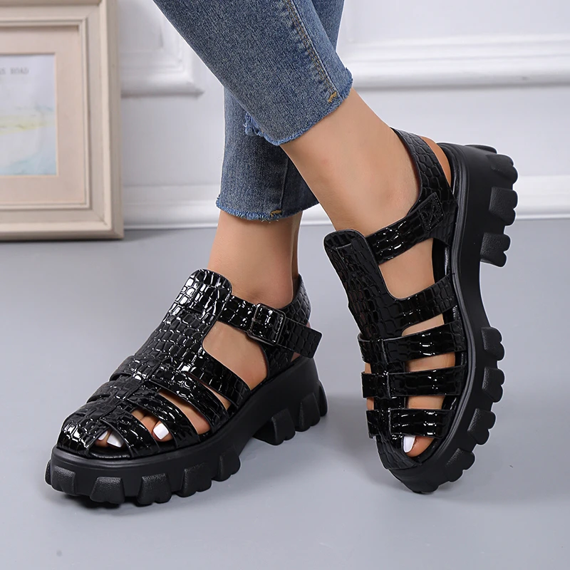 

Summer Fashion Gladiator Women Narrow Band Cross-tied Platform Square Heel Peep Toe Rome Design Sexy Mature Shoes Ladies Female