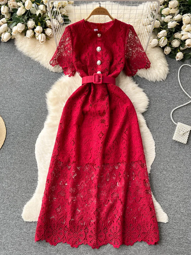 

Женское длинное кружевное платье, винтажное элегантное платье-трапеция с круглым вырезом, коротким рукавом и высокой талией, лето