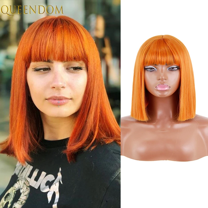

Ginger Synthetic Short Bob Women's Wigs with Bangs 18inch Black Pink Red Short Straight Bob Wig Ombre Blonde Shoulder Length Wig