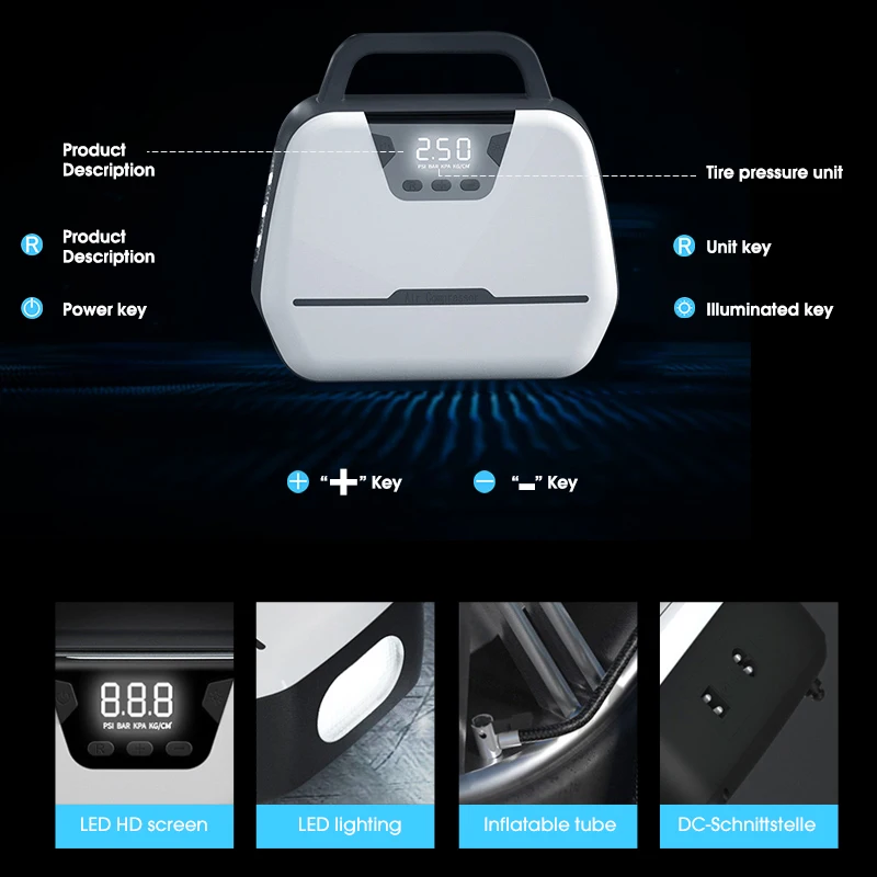 Воздушный насос для шин автомобиля с функцией накачки и сброса давления, оснащенный светодиодной лампой для освещения, быстрая насосная станция для мотоцикла, велосипеда и мячей.