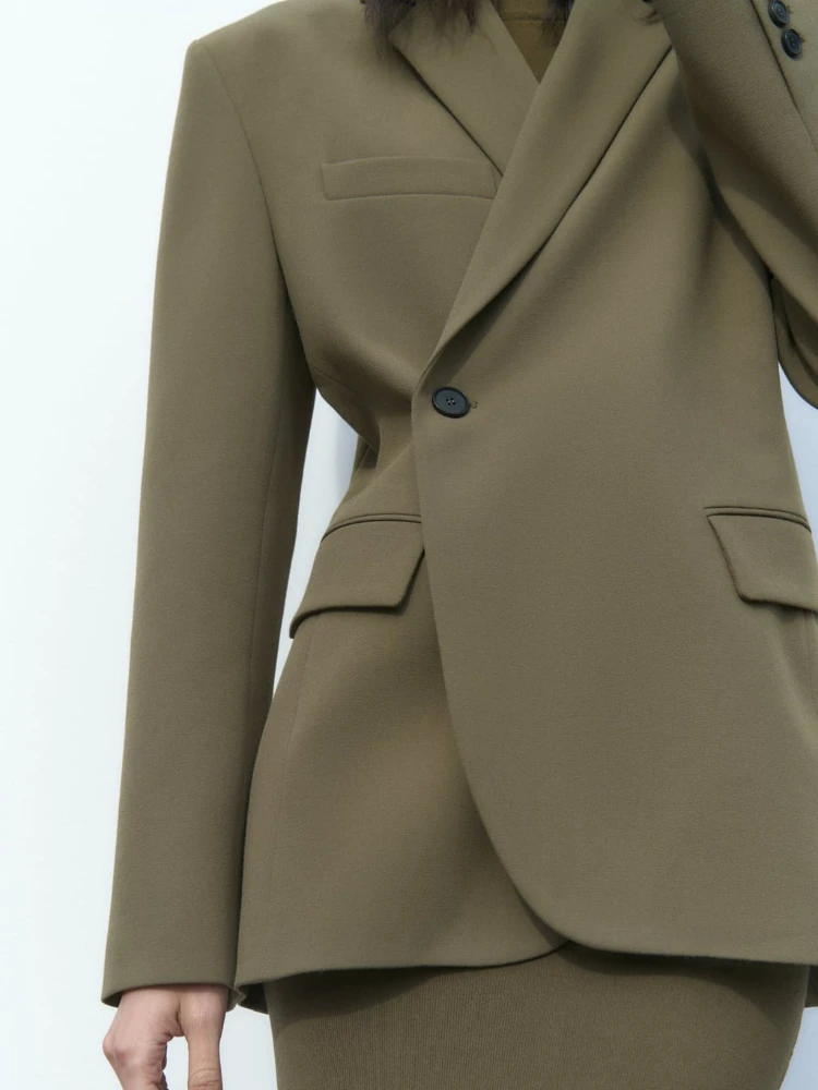 ZA Women's Spring Summer New Asymmetric Double-breasted Lapel Long-sleeved Blazer Loose Oblique Button Design Casual Suit Jacket