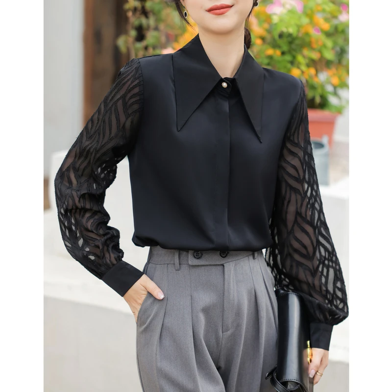 

Блузка женская шифоновая с длинным рукавом, отложным воротником и пуговицами, весна 26885