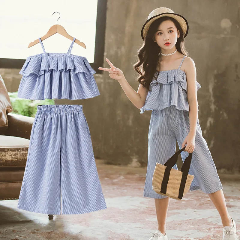 

Clothing and Girls Two-piece Set Children's Children Suspenders+Wide-leg Pants Suit Summer Dress Clothes for Teenagers ropa niña