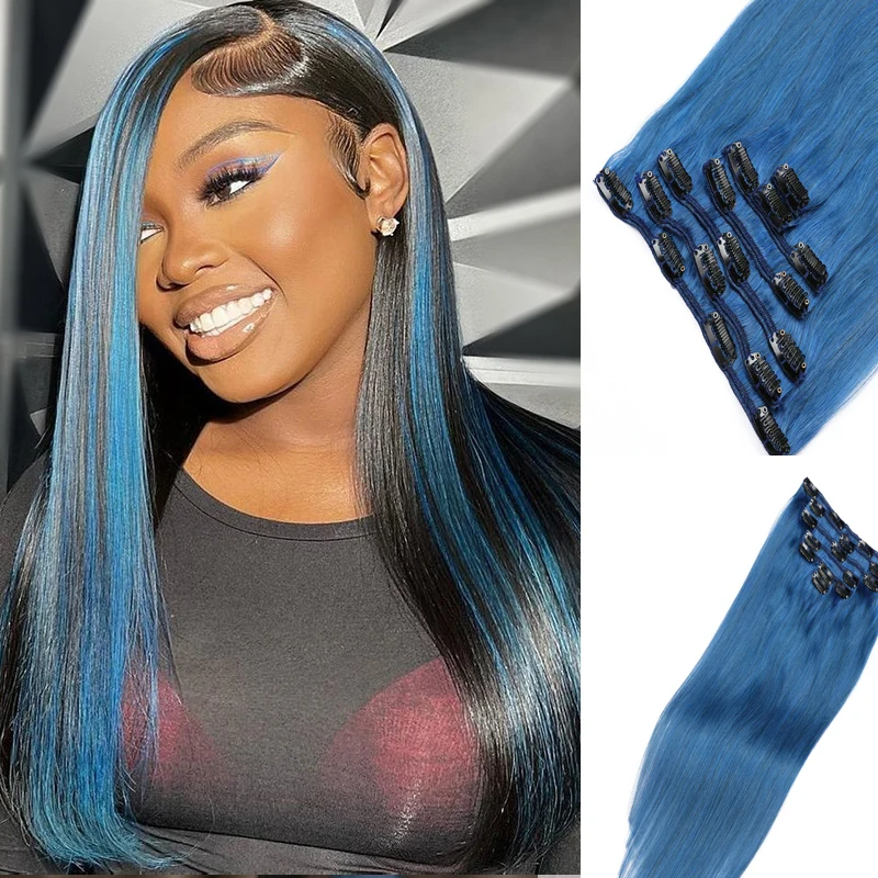 

Ash Blue Color Clip in Hair Extensions Remy Human Hair 1-6Pcs 100g PU Tape In Hair Extensions Highlight Color Skin Weft