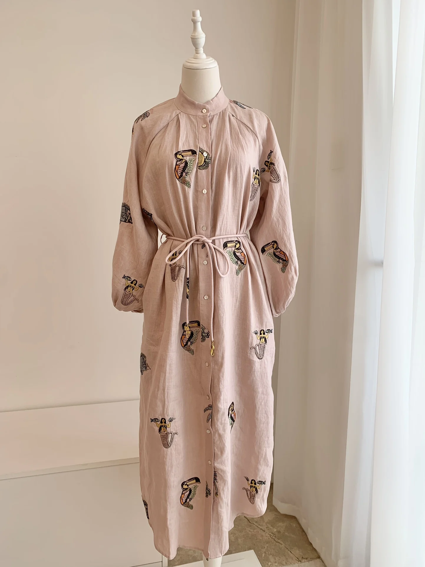 

Women's Character Embroidery Stand Collar Long Lantern Sleeve Single Breasted Vintage 100% Linen Midi Dress