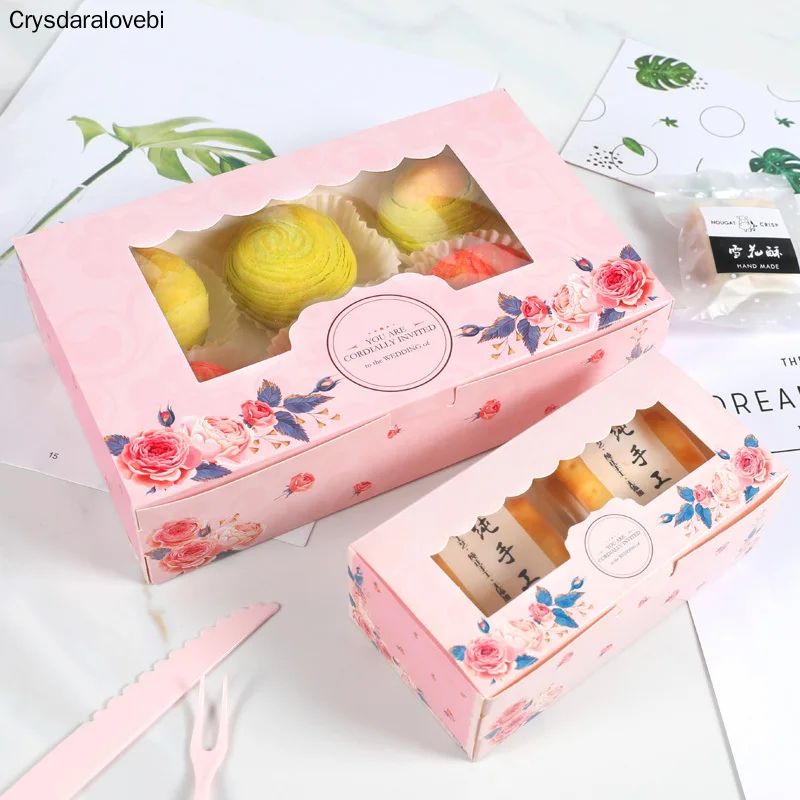 

50pcs Cupcake Paper Box With Window Candy Food Cookies Pastry Packing Paper Boxes Pink Rose Egg Tarts Package Party Favor