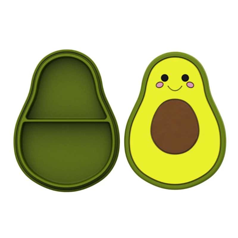

Cute Cartoon Avocado Baby Sucker Bowl Divided Dinner Plate Infants Learning Feeding Dish Non-toxic BPA-Free Silicone