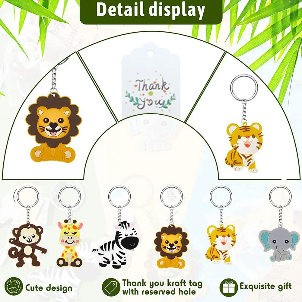 

NEW 30pcs Cute Jungle Animal Keychains Set With Thank You Kraft Tags Organza Bags For Baby Shower Birthday Party Decoration