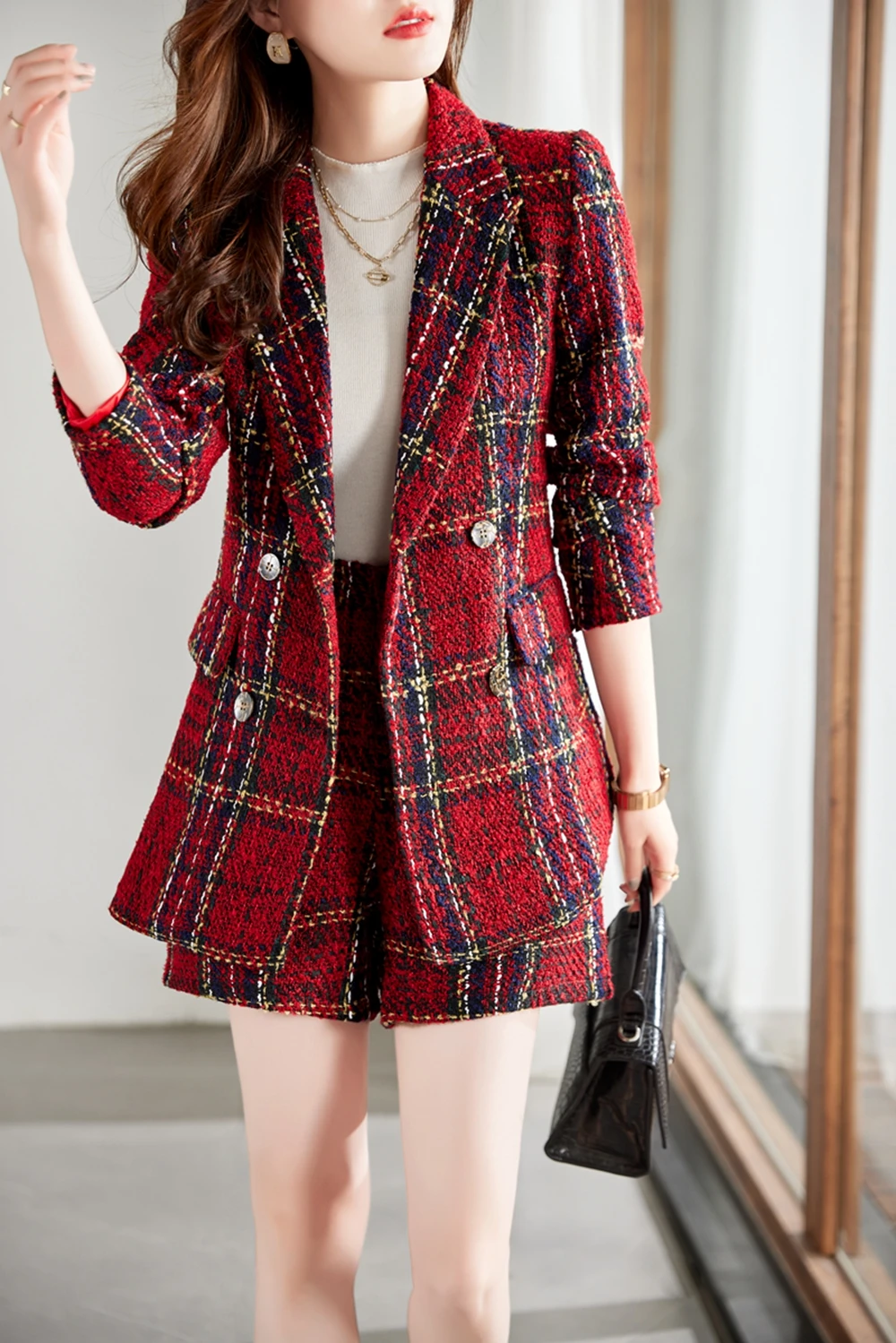Small Fragrant Fashion Suit Women's Autumn and Winter 2022 New High Fashion Fried Street Red Green Plaid Small Suit Top