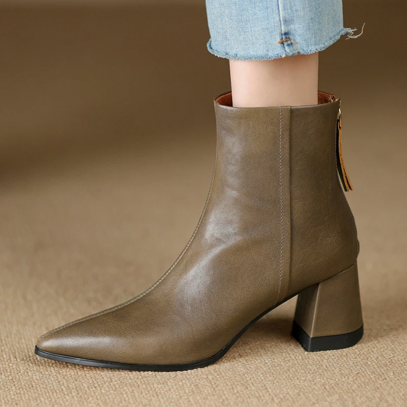 Ботильоны женские из воловьей кожи теплые полусапожки на толстом высоком