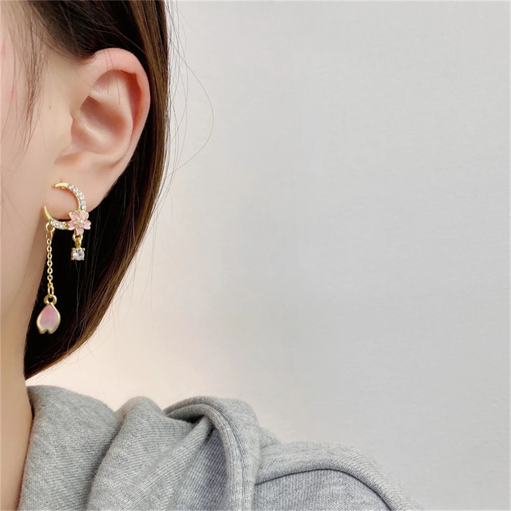 

Sweet Pink Flower Moon Tassel Dangle Earrings For Women Korean Fashion Butterfly Crystal Opal Long Earring Wedding Jewelry Gifts