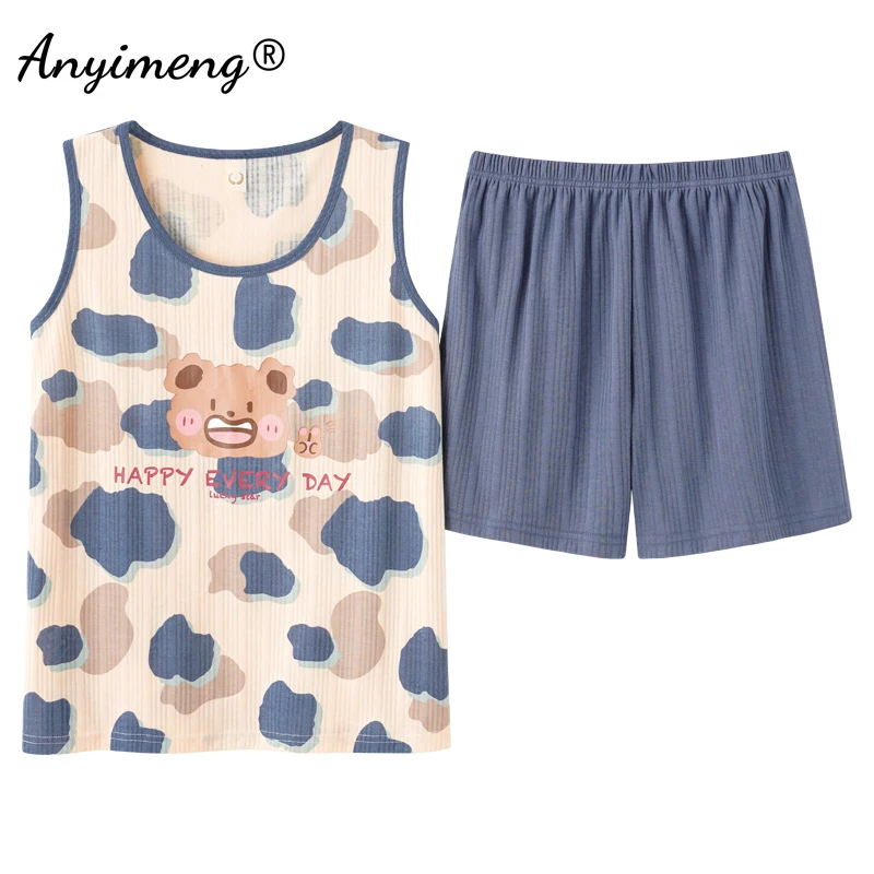 

New Summer Soft Cotton Women's Pajamas Kawaii Bear Printing Sleeveless Short Pants Casual Sleepwear Fashion Homesuit for Girls