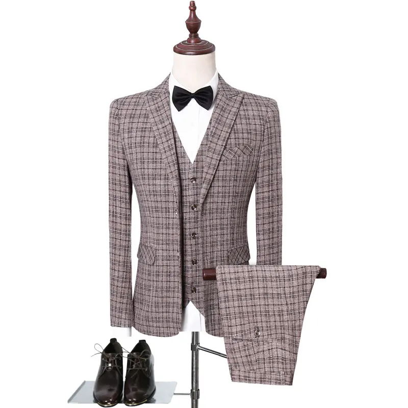 

（Jacket+vest+pants）Men Classic Plaid Suit Korean Slim-fit Wedding Groom Dress Suit Men Business Casual Formal Social Formal Suit