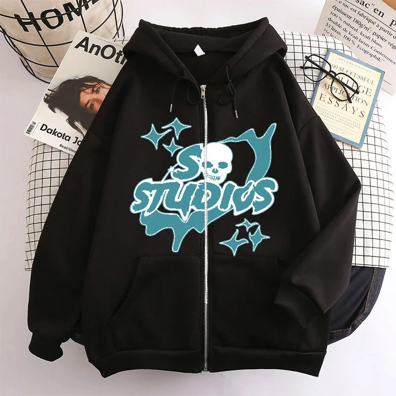 

Y2K Skull Printed Black Hoodie Gothic Zipper Hooded Sweatshirt Casual Sportswear Punk streetwear women goth