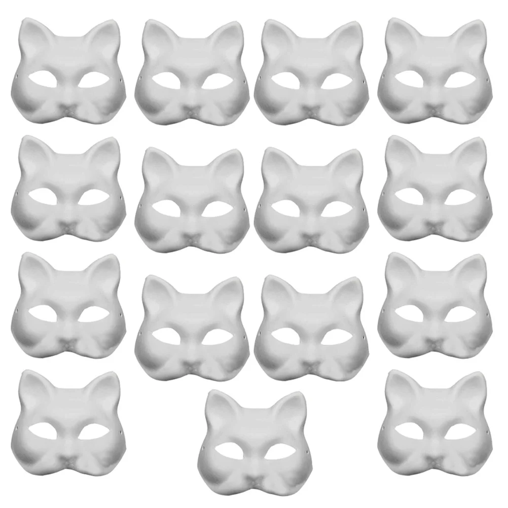 

15pcs DIY White PaperMask Foxmask Pulp Blank Unpainted Cat FaceMasks Plain MasqueradeMask for Kids Decorating Craft Party Favors