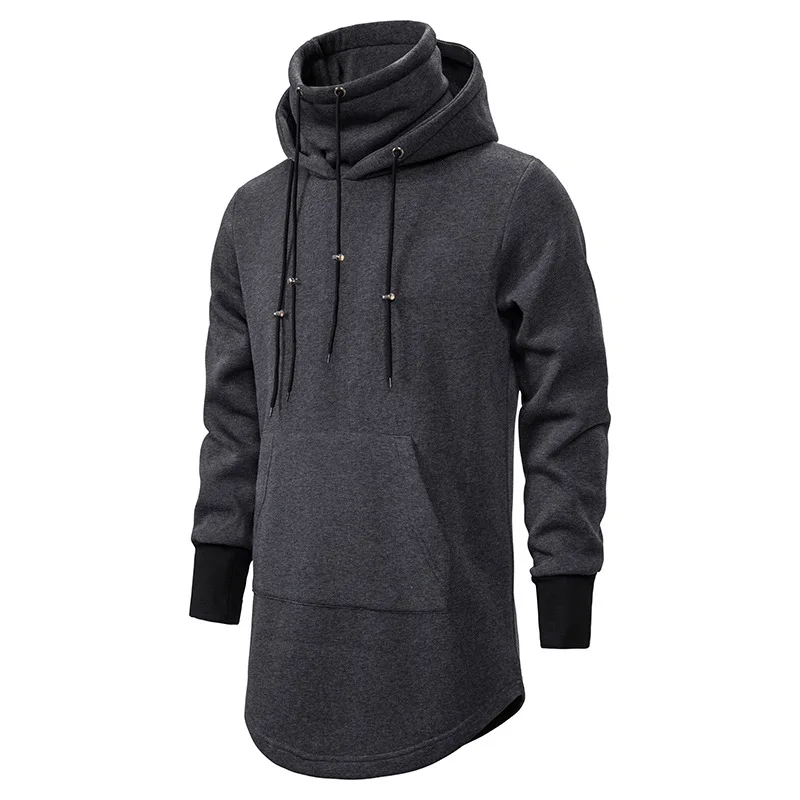 

Men Extend Solid Black Curved Slim Section Man Cotton Sweatshirt Hem Long Collar New 2022 Hoodies High Pullover Casual Hooded