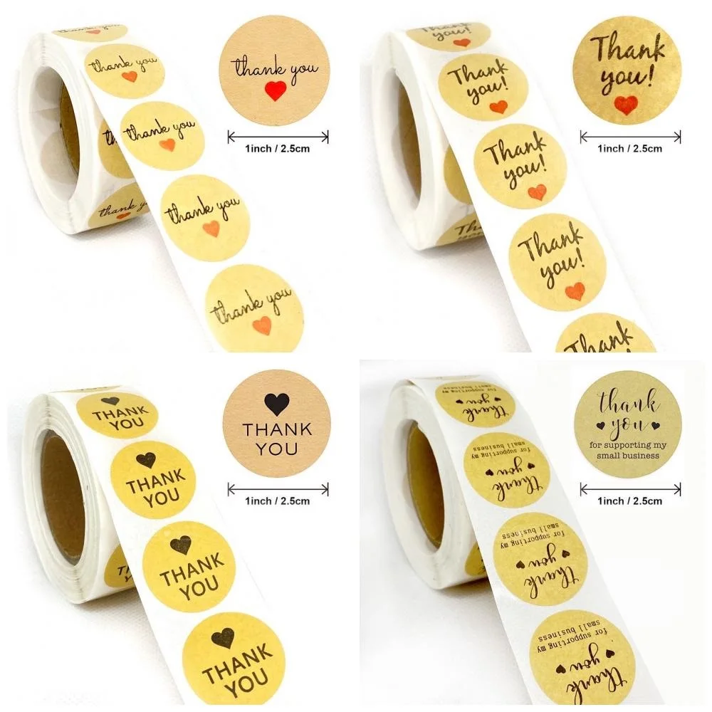 

500 шт., круглые наклейки из крафт-бумаги «спасибо»