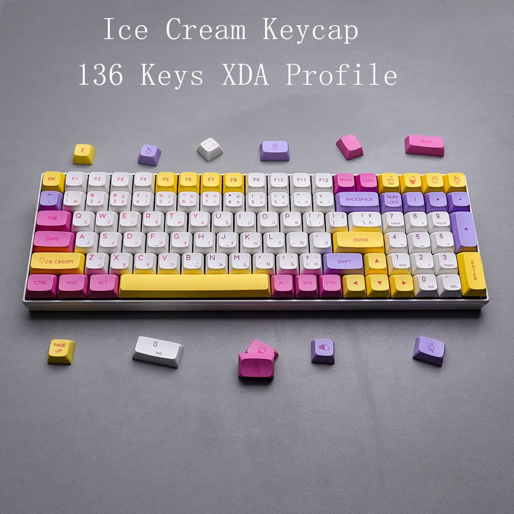 

Keycap для мороженого, японский английский профиль XDA PBT, сублимационная печать 136 клавиш для механической клавиатуры 61/64/68/75/84/87/96/980/104