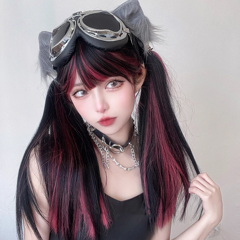 AS Long black mixed with red Synthetic Wig Cosplay Lolita Harajuku Wig With Bangs Natural Wavy Halloween red Daily Wigs