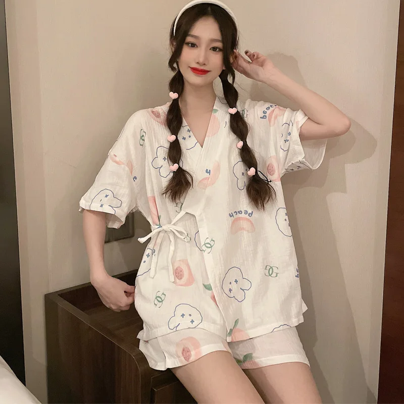 

Cartoon Nightgown Cotton Medium Style Pajama Set Women Sleepwear Plus Size Loose Version Kimono Summer Pajamas