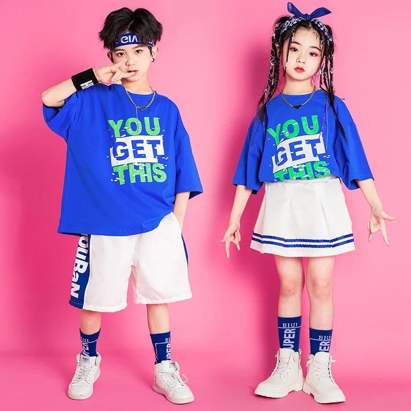 

Летняя детская одежда в стиле K-POP, хип-хоп, синяя модная свободная футболка с принтом, верхняя юбка, для девочек и мальчиков, костюм для джазовых танцев и сцены