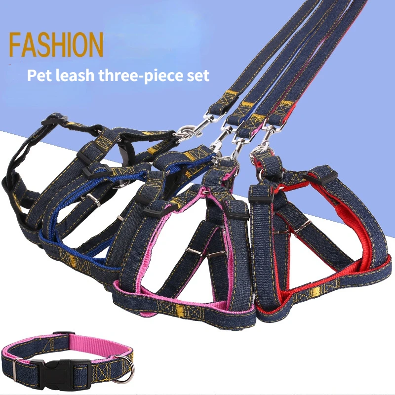 

Pet Leash Three-piece Denim Chest Straps Dog Harness and Leash Set Small Dog Harness Dog Leash Personalized Dog Supplies Nylon