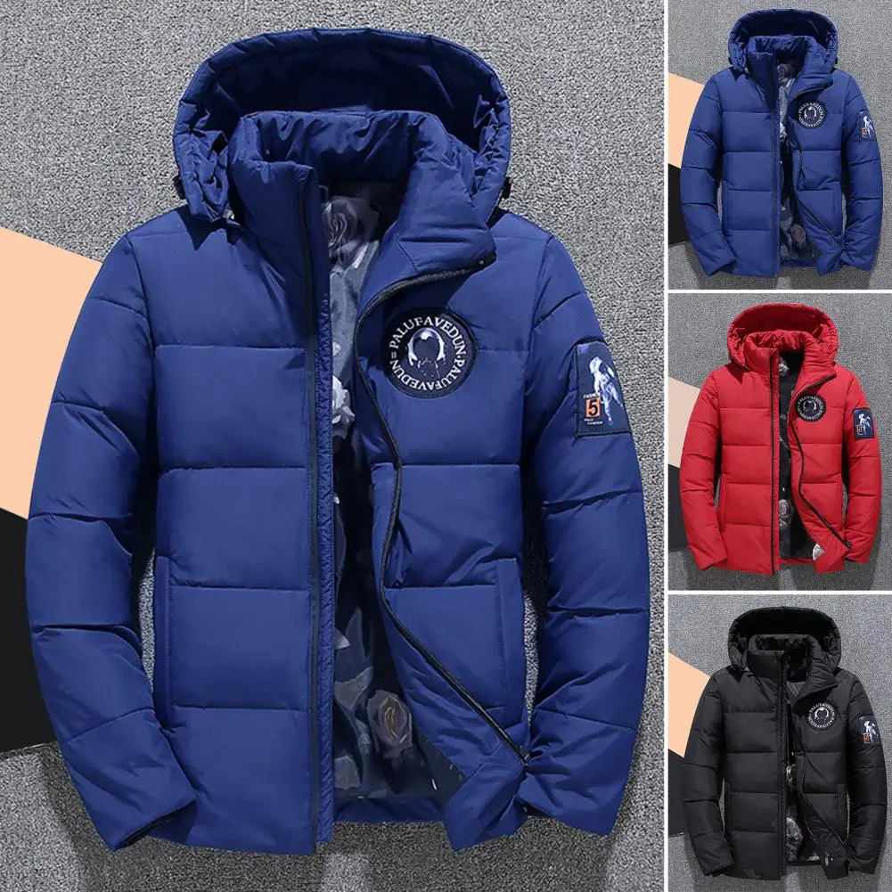 Winter Men Jacket Cotton Padded Anti-static Lining Zipper Placket Patch Coldproof Fluffy Filling Hooded Coat Streetwear
