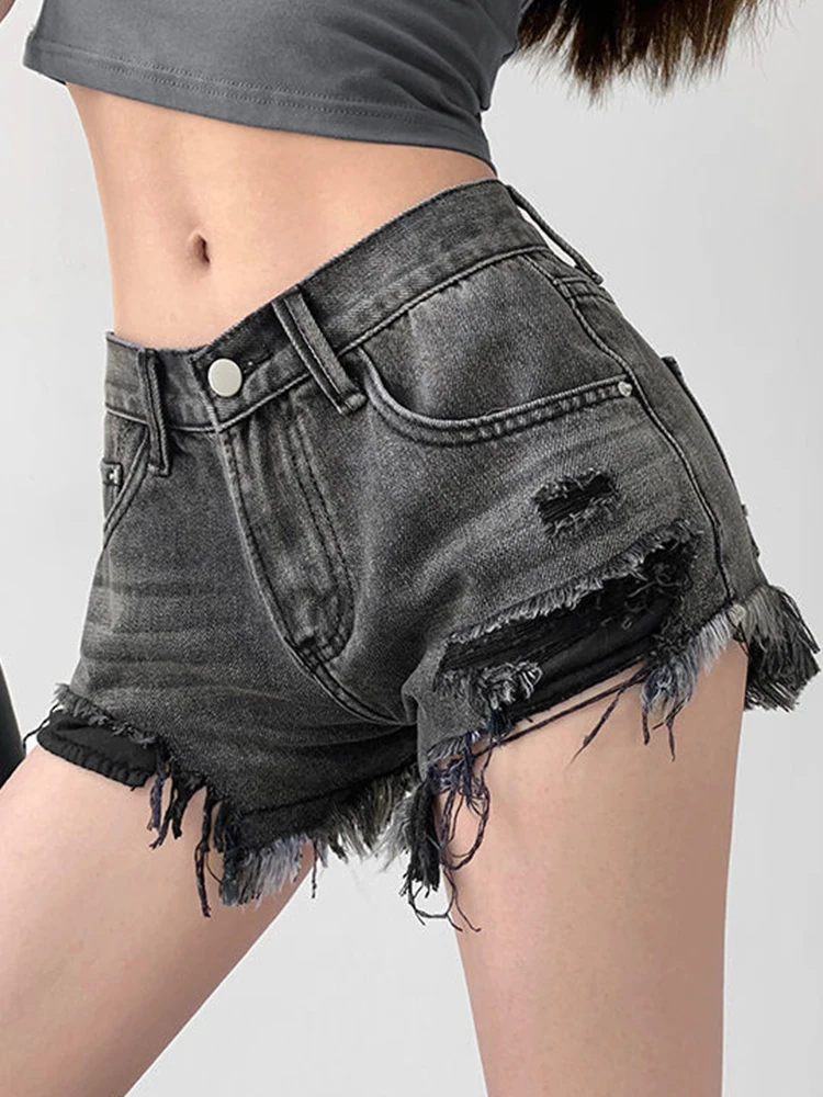 Summer Women High Waist Slim Fit Hole Blue Denim Shorts Streetwear Female Frayed Raw Hem Button Retro Jeans Shorts