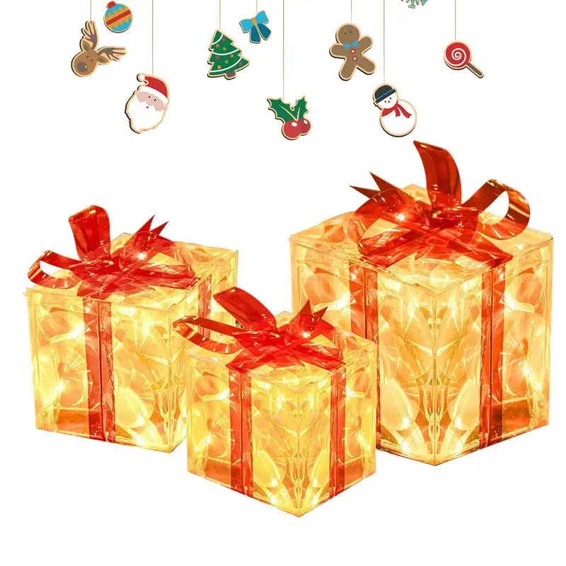 

Christmas Lighted Gift Boxes Set Of 3 Light Up Christmas Present Boxes With Red Bows Light Up Presents Boxes With Ribbon Bows