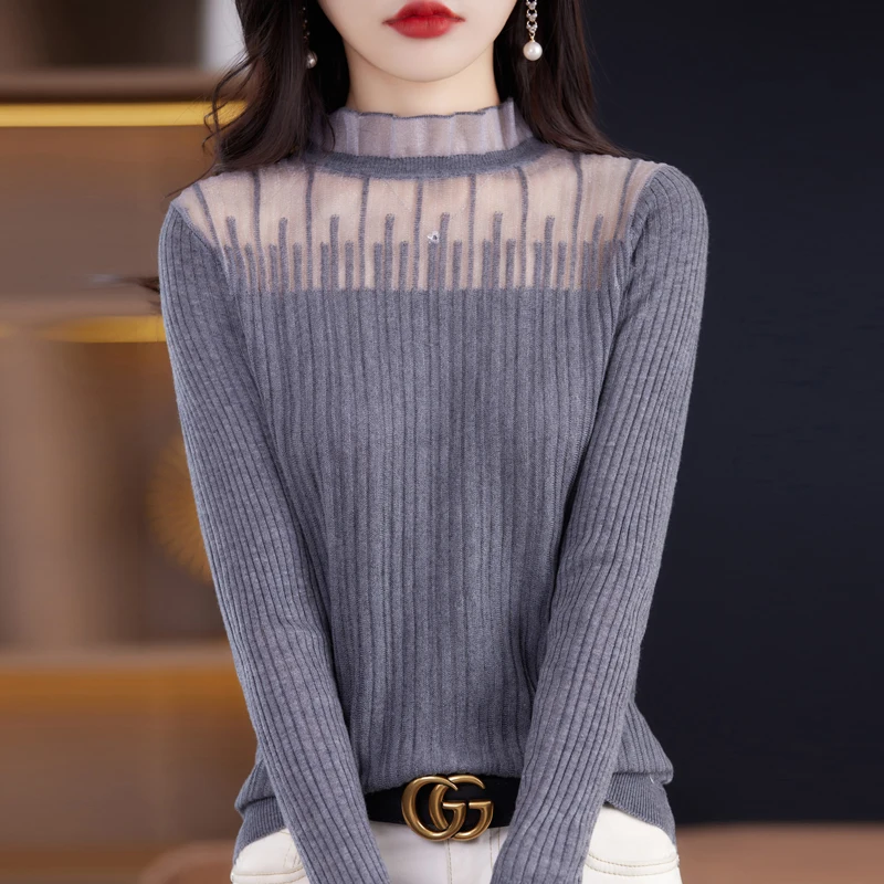 

Женский свитер с круглым вырезом, кружевная рубашка в французском стиле с вырезами и деревянными ушками, новый свитер в иностранном стиле для весны и лета