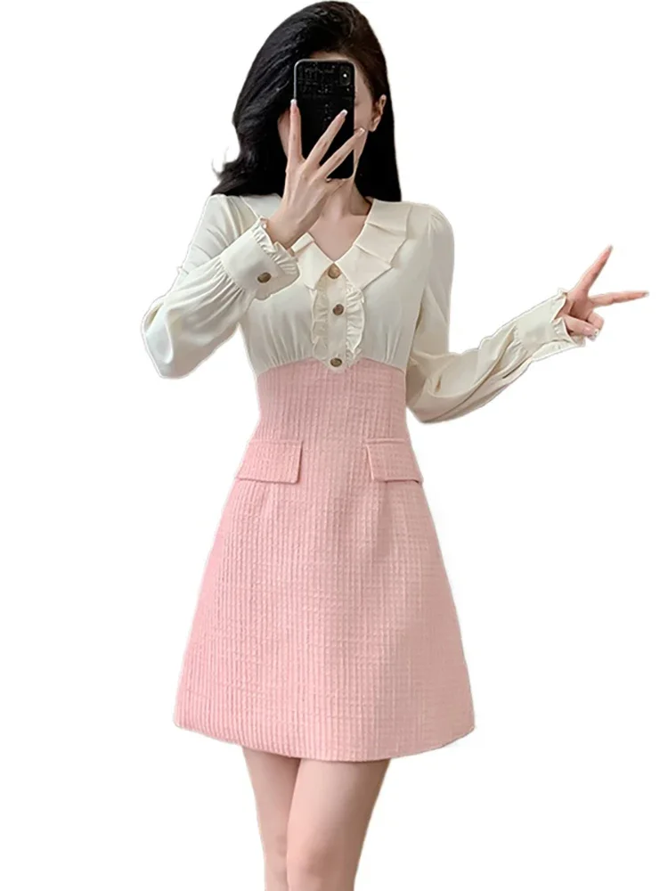 Женское розовое лоскутное белое мини-платье с длинным рукавом и рюшами на