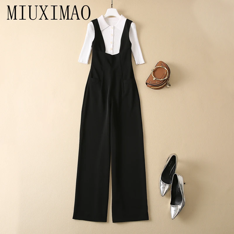 MIUXIMAO 2022 High Quality Autumn&Winter Elegant  Long Sleeve Lapel Shirt + Overalls Fashion Two Piece Set Women Vestide