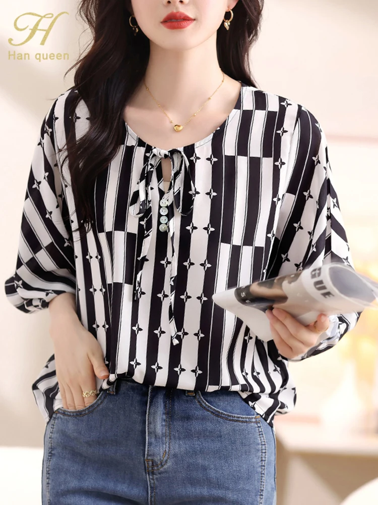 

H Han Queen Summer Blusas Office Blusas Vintage Color Blocking Lace-Up Tops Elegant Chiffon Blouse Women's Loose Casual Shirts