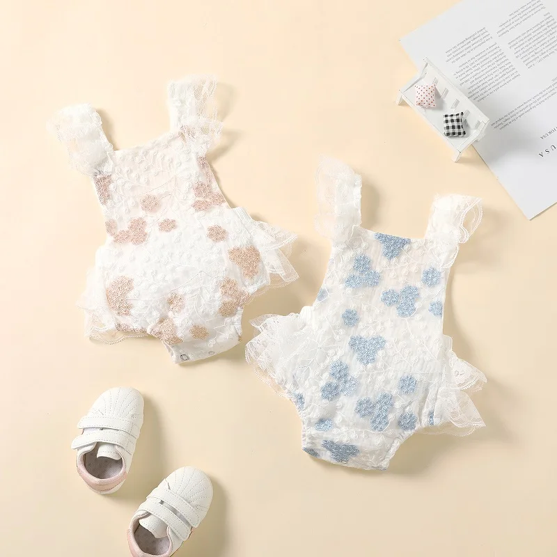 

Newborn Baby Lace Stitching Bodysuit, Crotch Buttons Ruffled Romper, Short Romper Clothes