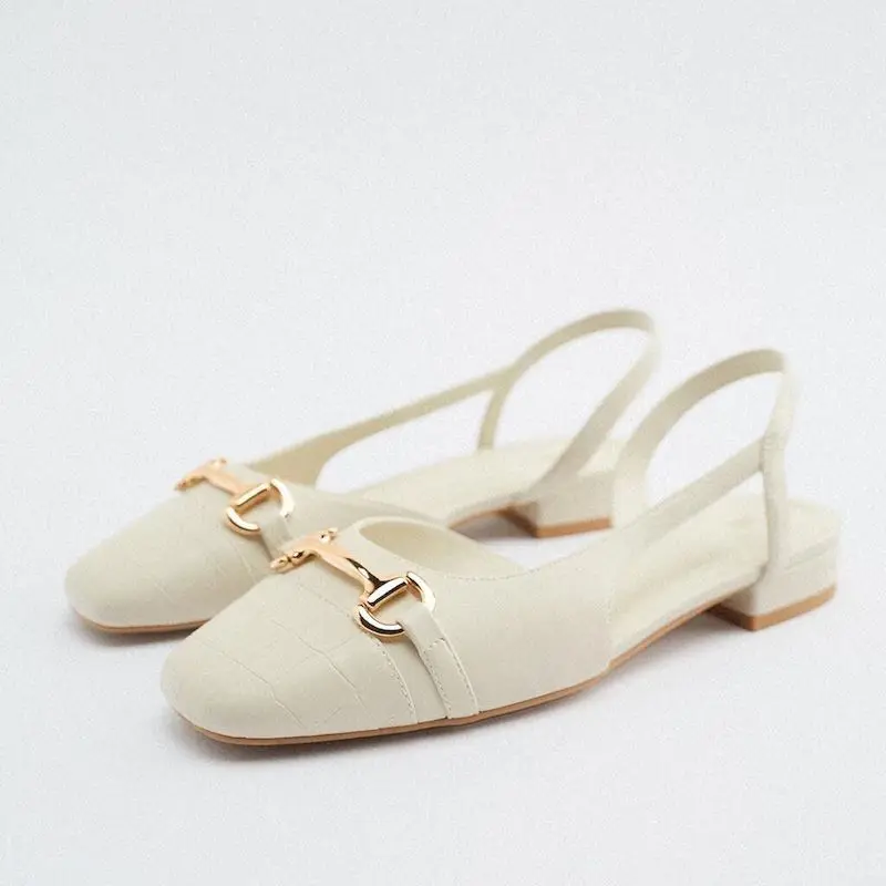

Fashion Women's Shoes 2022 Summer New Sandals Inlays Square Toe Slingback Strap Flat Shoes Womens Casual Low Heels Sandals