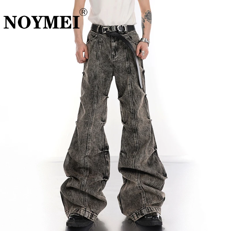 

NOYMEI Male Wide Leg Jean Pleated Vintage Fashion Casual Men's Fold Micro Flared Denim Pants High Street Trousers WA2099