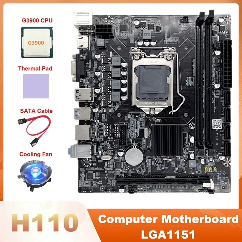 H110 Computer Motherboard LGA1151 Motherboard Supports DDR4 Memory With G3900 CPU+Cooling Fan+SATA Cable+Thermal Pad