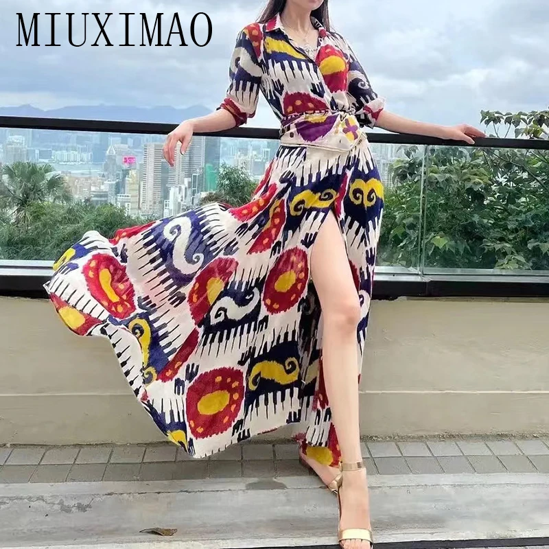 MIUXIMAO 2023 High Quality Spring&Summer Elegant Dress Half Sleeve Lapel Single Breasted Print Fashion Long Dress Women Vestide