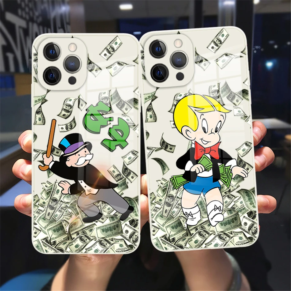 

Catoon Dollar Alec Monopoly Tempered Glass Phone Case For iPhone 11 12 13 14 Pro Max X XR XSMAX 8 7 Plus White Soft Bumper Cover