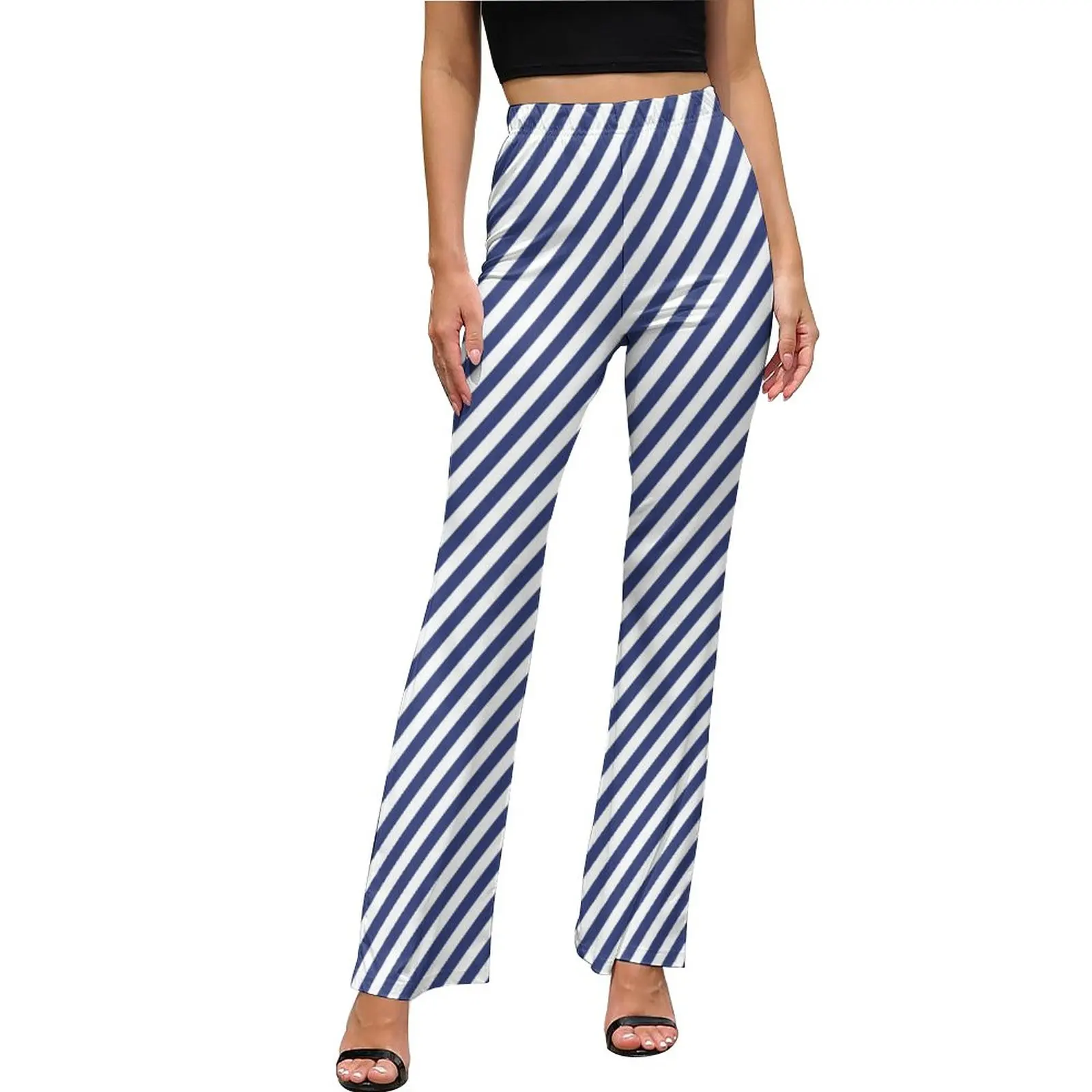 

Vintage Nautical Casual Pants Women Blue Cross Stripes Slim Fit Aesthetic Flare Pants Summer Office Print Trousers