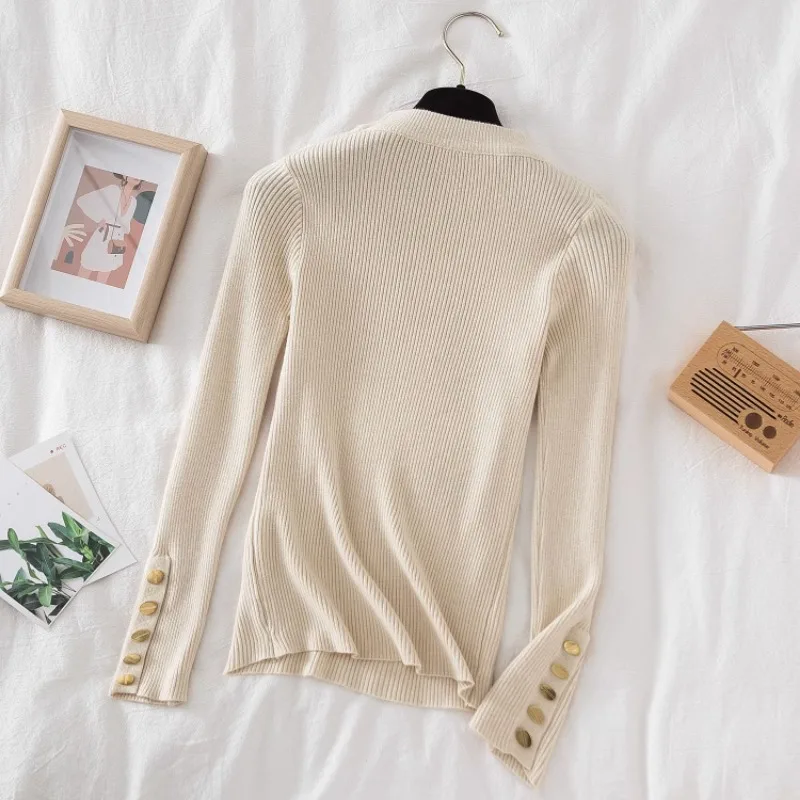 

2023 Autumn/Winter Long Sleeve Slim Pullover Fashion Half High Neck Knitted Sweater Casual Button White Tops Sueters Mujer 28280