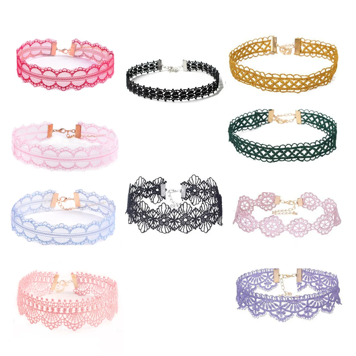 

10pcs/set Boho Hollow Lace Flower Charms Chian Necklace Choker for Women Girl Harajuku Collars Cute Daisy Fabric Lace Jewelry